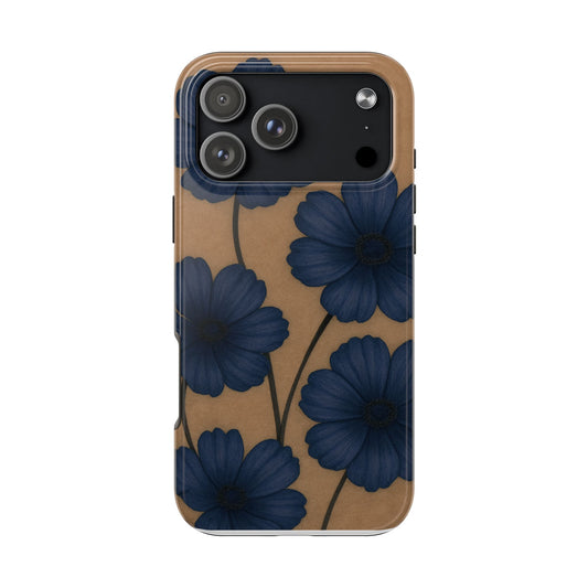 Navy Floral Tough iPhone Case — Durable Protective Case with Blue Flowers on Kraft Background