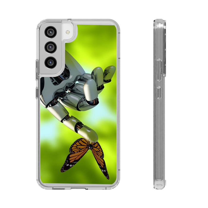 Clear Cases for iPhone 14 Series with Robotic hand and Butterfly.