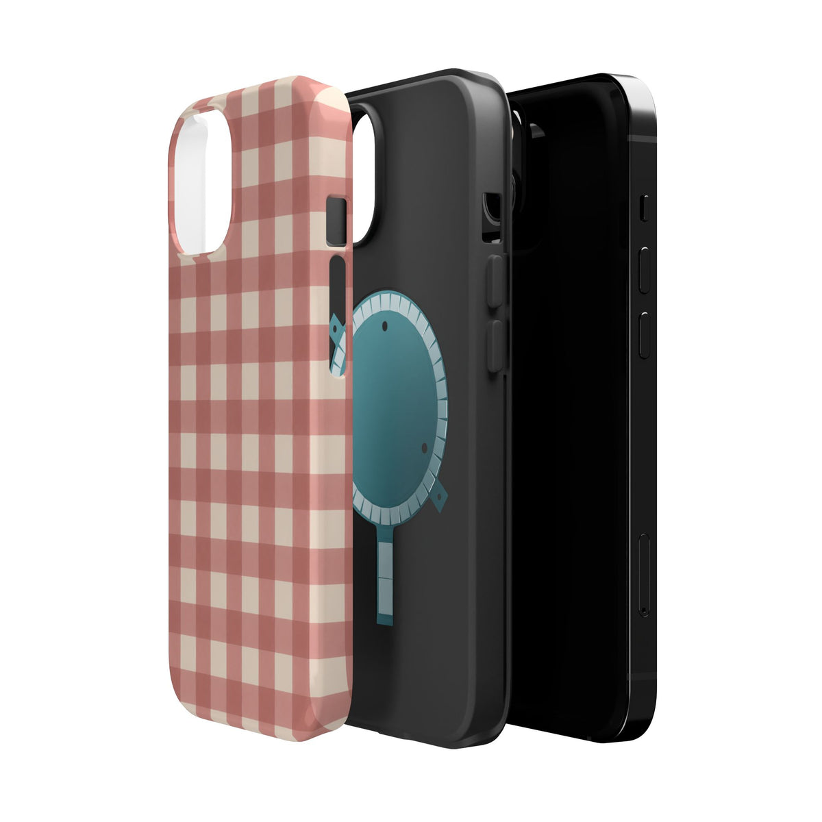 Prairie Gingham MagSafe Phone Case, glossy diagonal dual-camera model, exploded shell and liner with magnetic ring