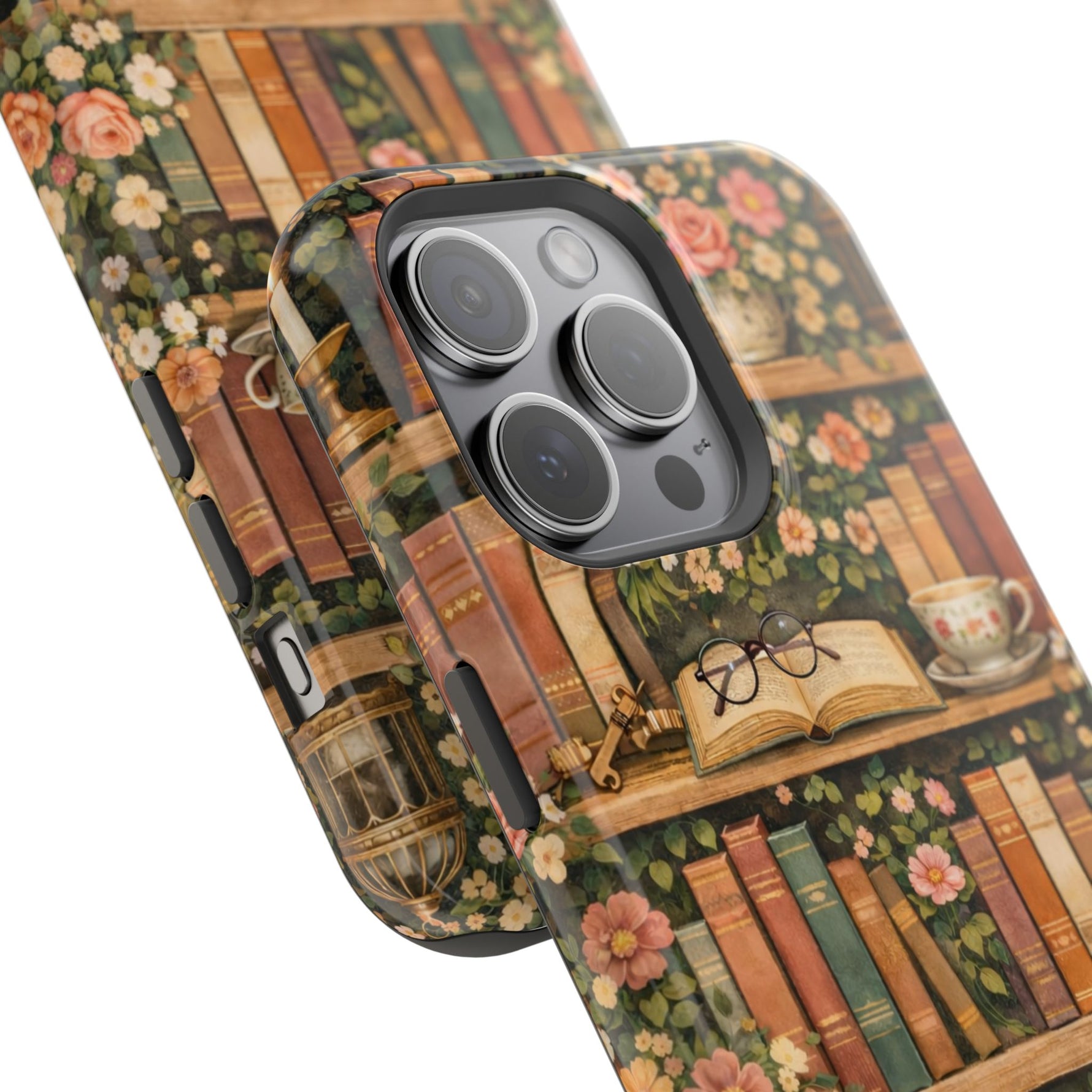Floral Bookshelf iPhone Case — MagSafe Magnetic, Impact-Resistant