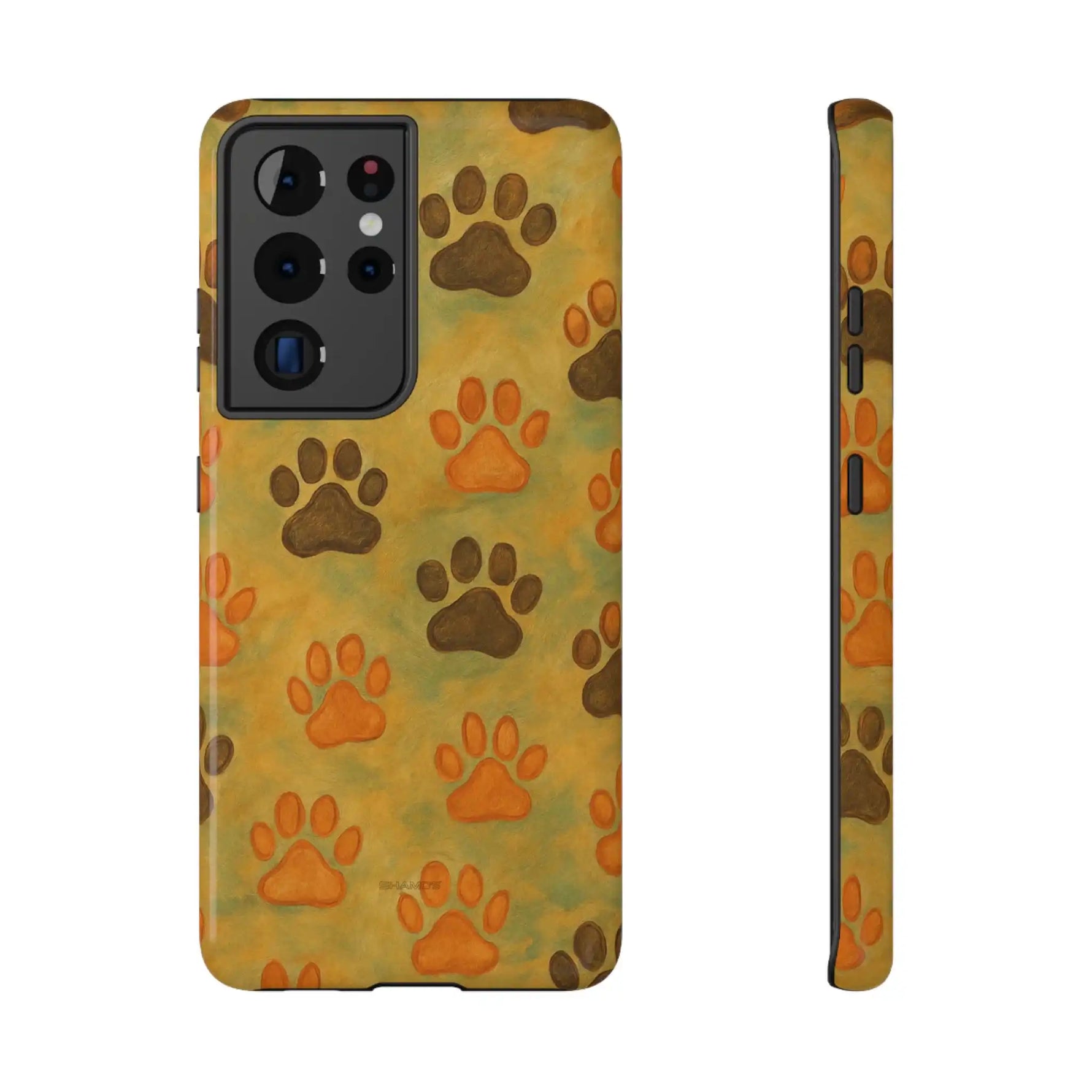 Phone case with orange and brown paw print pattern shown front and side view