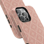 Meadow Lace – Blush Pink Lace Pattern MagSafe Phone Case, glossy square triple-camera Pro model, camera and side-button close-up