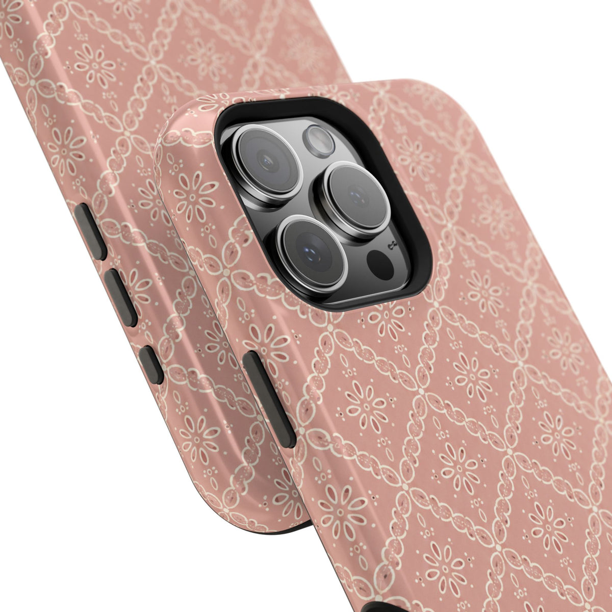 Meadow Lace – Blush Pink Lace Pattern MagSafe Phone Case, glossy square triple-camera Pro model, camera and side-button close-up