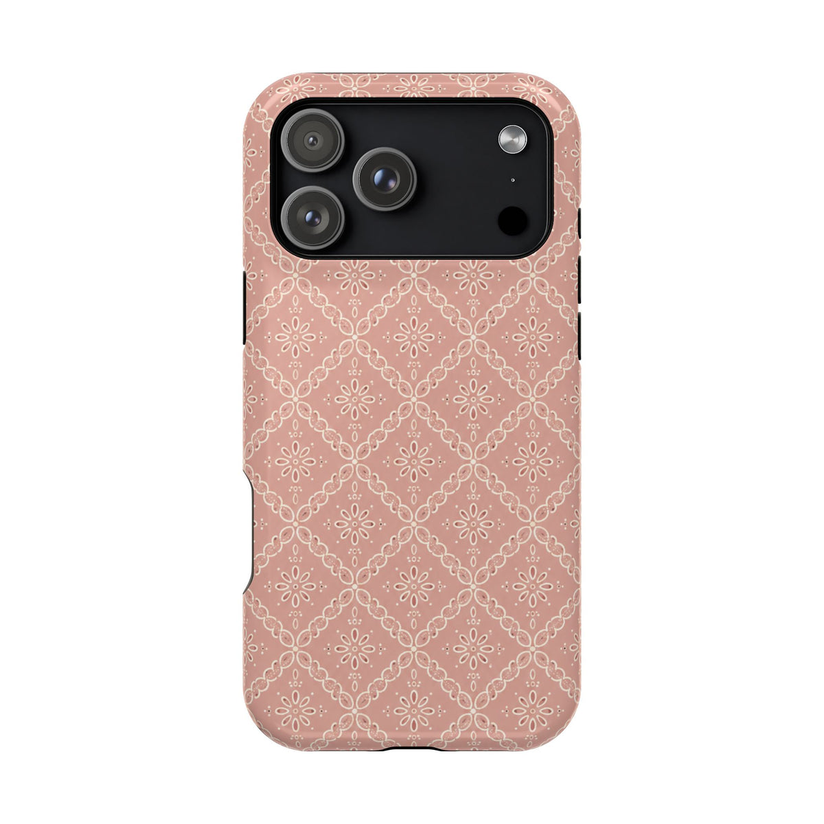 Meadow Lace – Blush Pink Lace Pattern MagSafe Phone Case, glossy iPhone 17 Pro Max, rear view