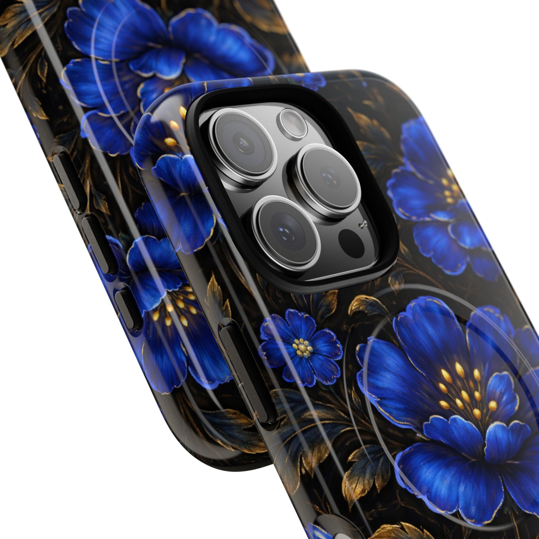 Close-up of two smartphone cases with large and small variant sizes, featuring blue floral design on black