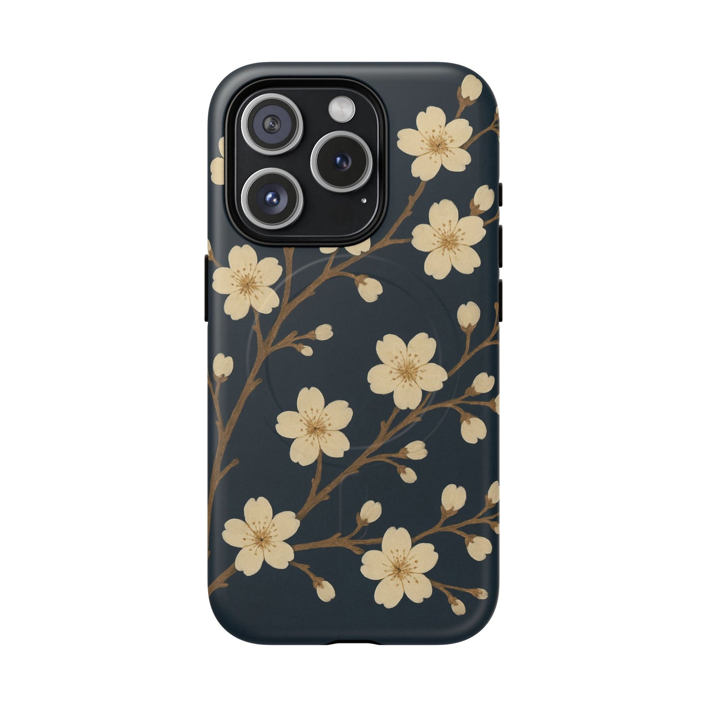 Navy Cherry Blossom Floral iPhone Case - Compatible with MagSafe
