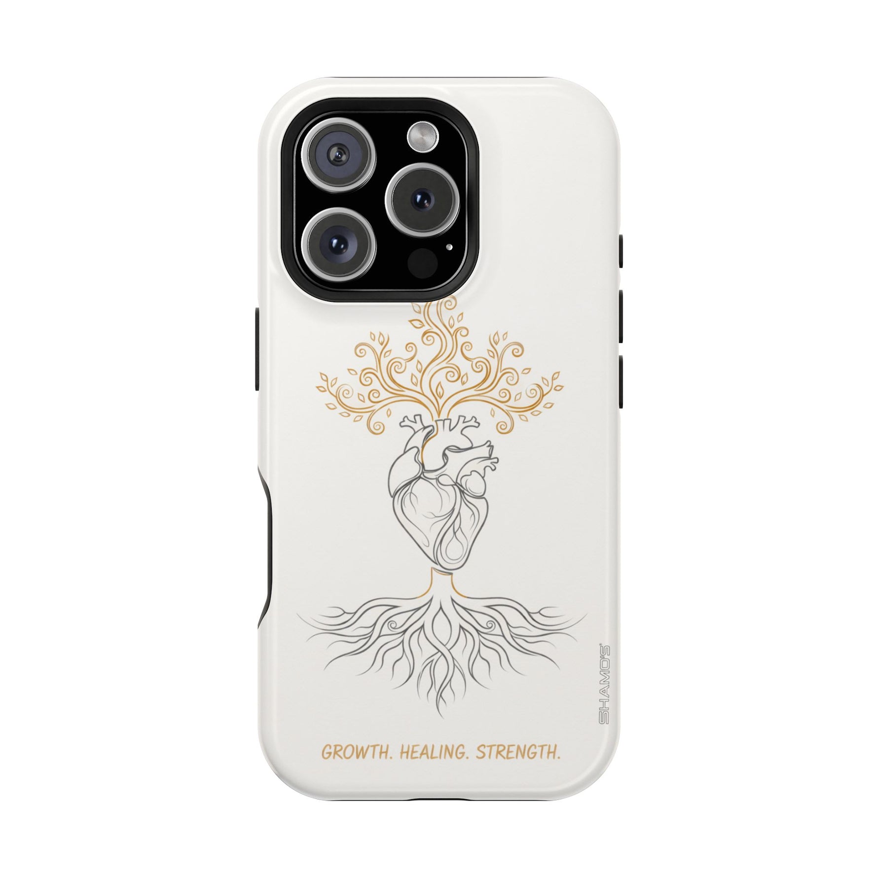 Minimalist Impact-Resistant iPhone Case, Heart Root Illustration ("Growth. Healing. Strength.") MagSafe Compatible - iPhone 16 Pro / Glossy - Shamo's