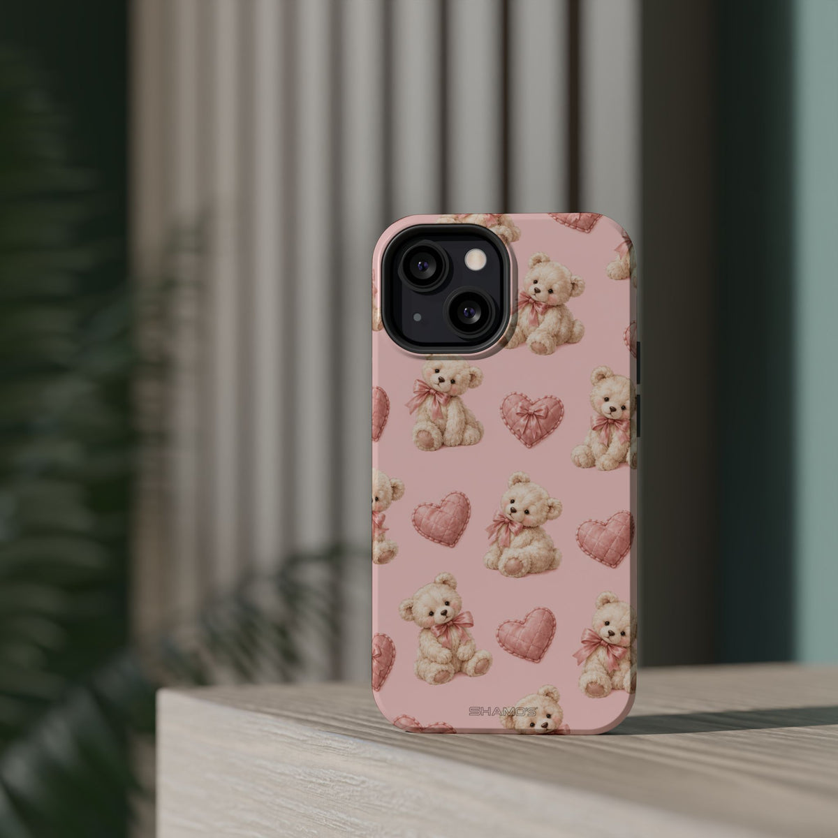 Pink Teddy Hearts Love iPhone Case, Impact-Resistant MagSafe Compatible