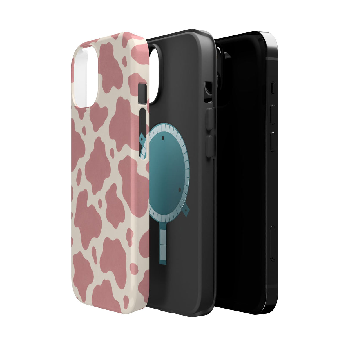 Rose Cowprint – Pink Cow Print MagSafe Phone Case, glossy diagonal dual-camera model, exploded shell and liner with magnetic ring