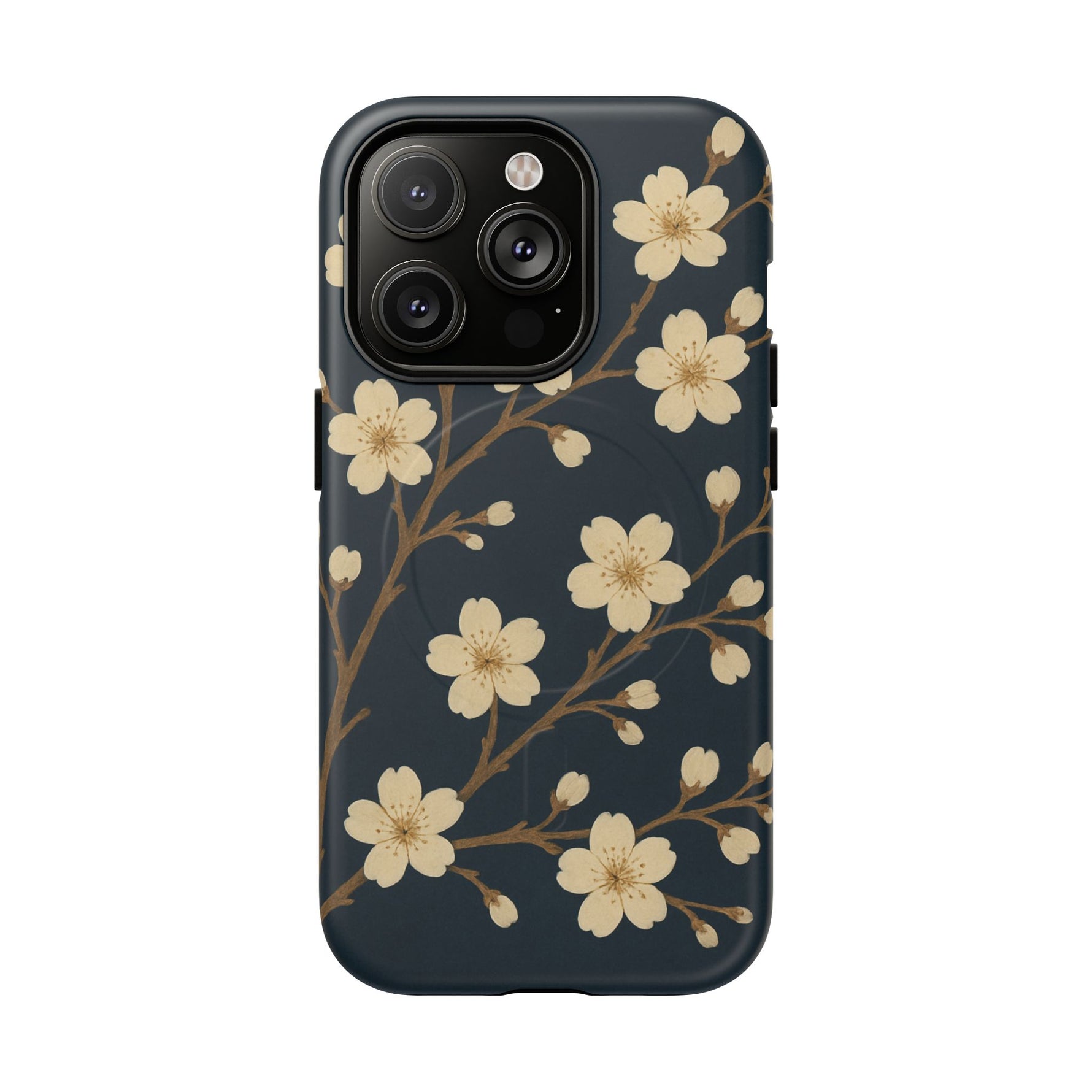 Navy Cherry Blossom Floral iPhone Case - Compatible with MagSafe - Shamo's
