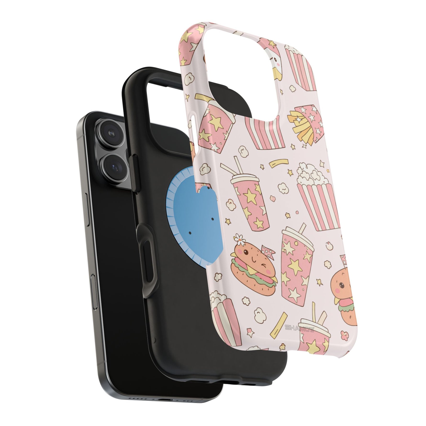 Kawaii Snack Pattern Magnetic Phone Case, Cute Popcorn, Burger & Soda Design with MagSafe Compatibility