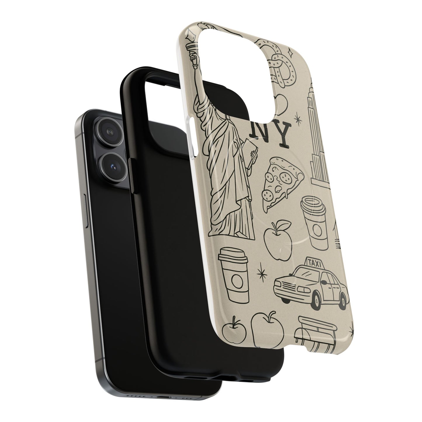 NY City Icons Tough iPhone Case — Statue of Liberty, Pizza & Taxi Pattern | Compatible with MagSafe