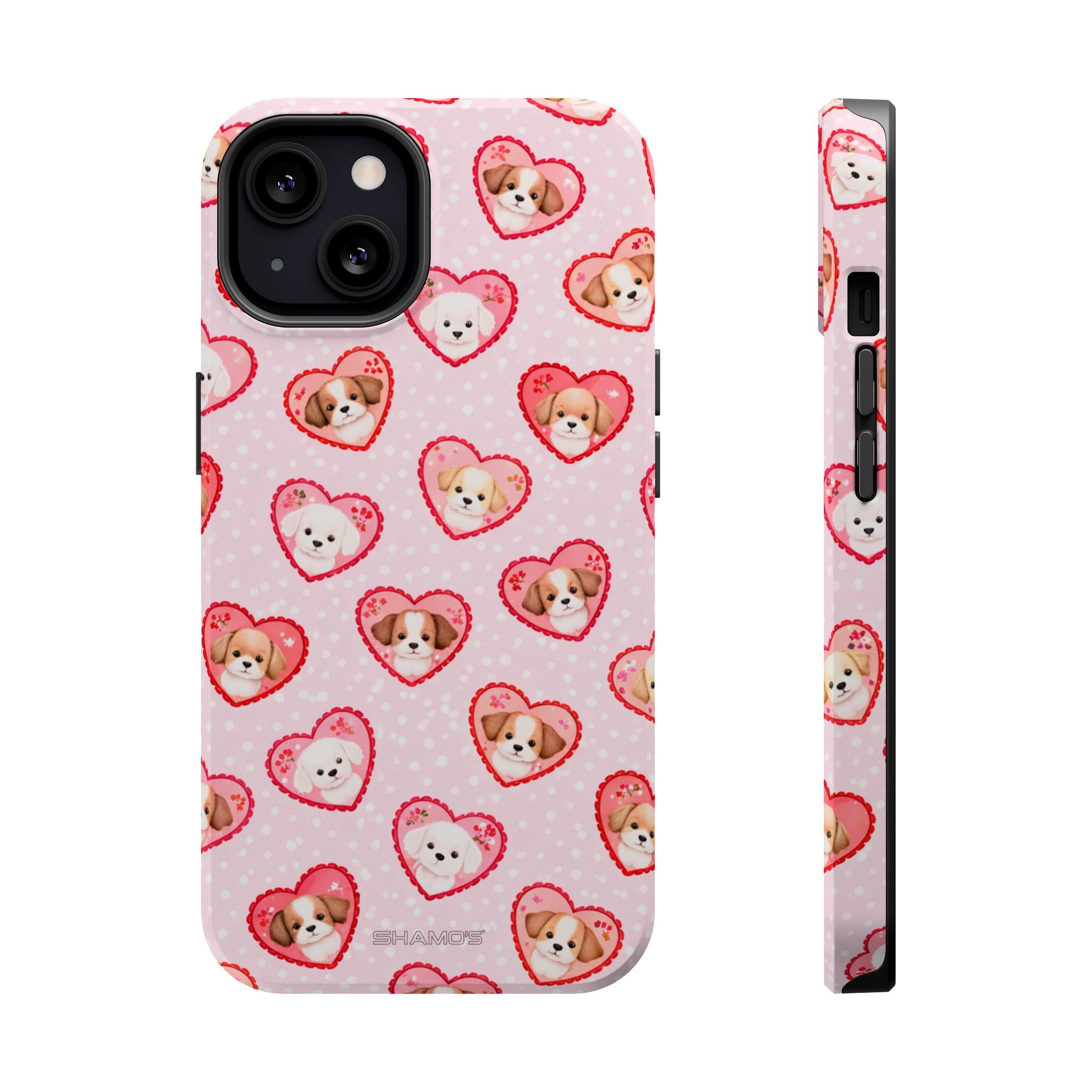 Pink Puppy Heart Pattern MagSafe Impact-Resistant iPhone Case, Valentine Phone Cover - iPhone 13 / Glossy - Shamo's