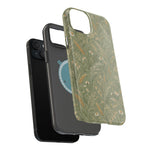 Golden Meadow – Sage Green Wildflower MagSafe Phone Case, glossy diagonal dual-camera model, exploded shell and liner with magnetic ring