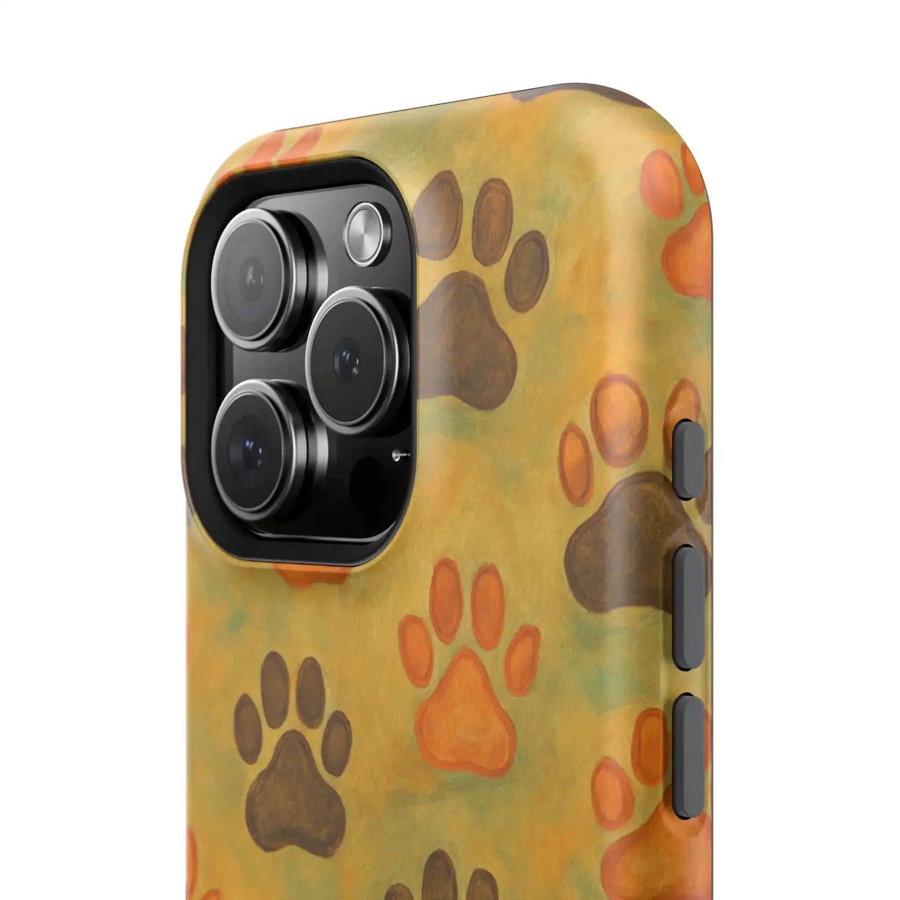 Close-up of iPhone case with brown and orange paw print pattern showing camera cutout and side buttons
