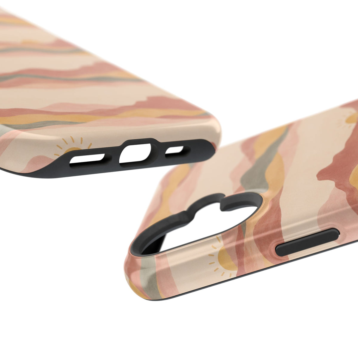 Sunset Trails – Desert Landscape MagSafe Phone Case, glossy vertical dual-camera model, port openings and edge details