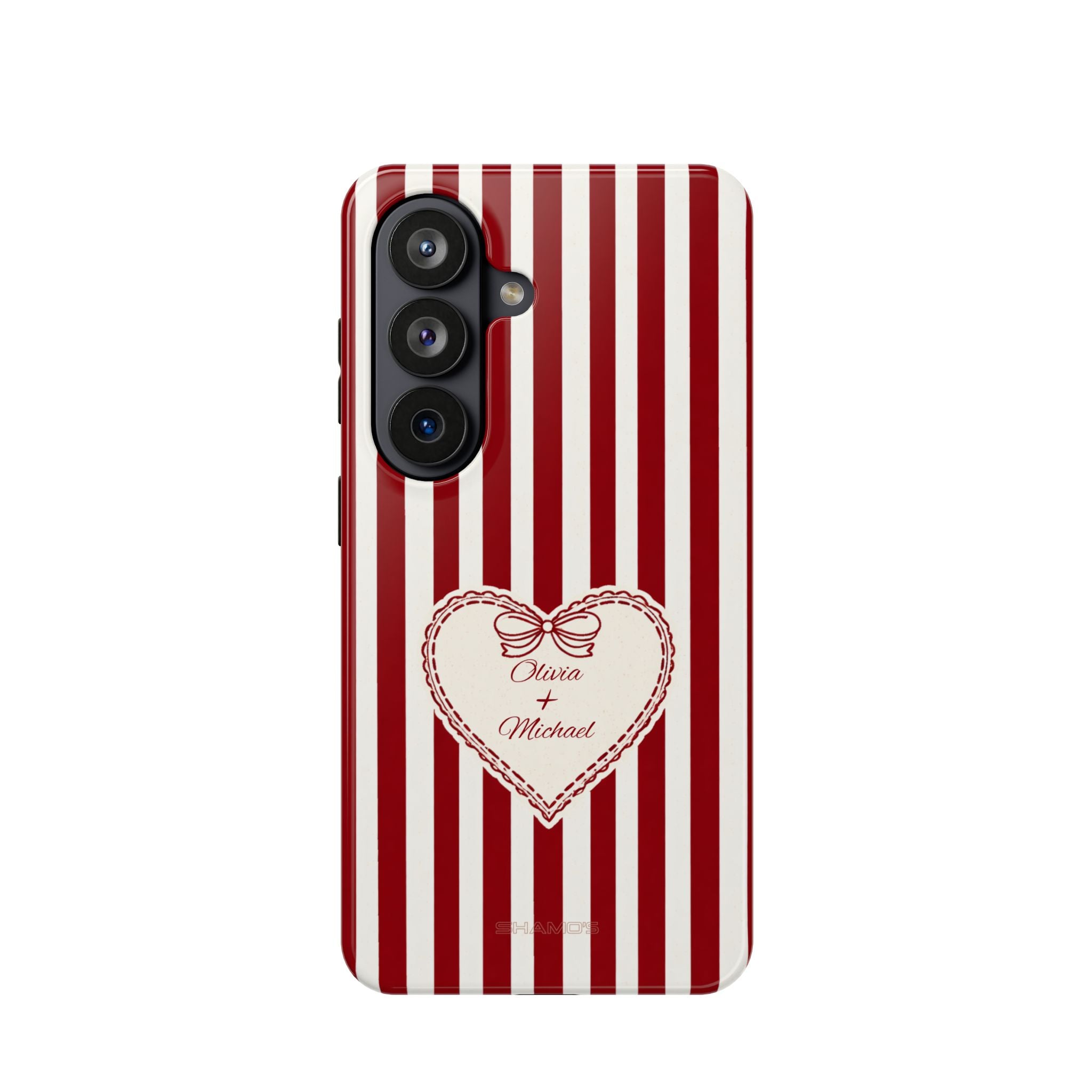 Phone case with red and white vertical stripes and a cream heart with a bow and names