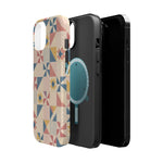Prairie Quilt – Pastel Patchwork Pattern MagSafe Phone Case, glossy diagonal dual-camera model, exploded shell and liner with magnetic ring