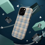 Ranch Check – Blue and Cream Plaid MagSafe Phone Case, glossy square triple-camera Pro model, rear view with magnetic accessories
