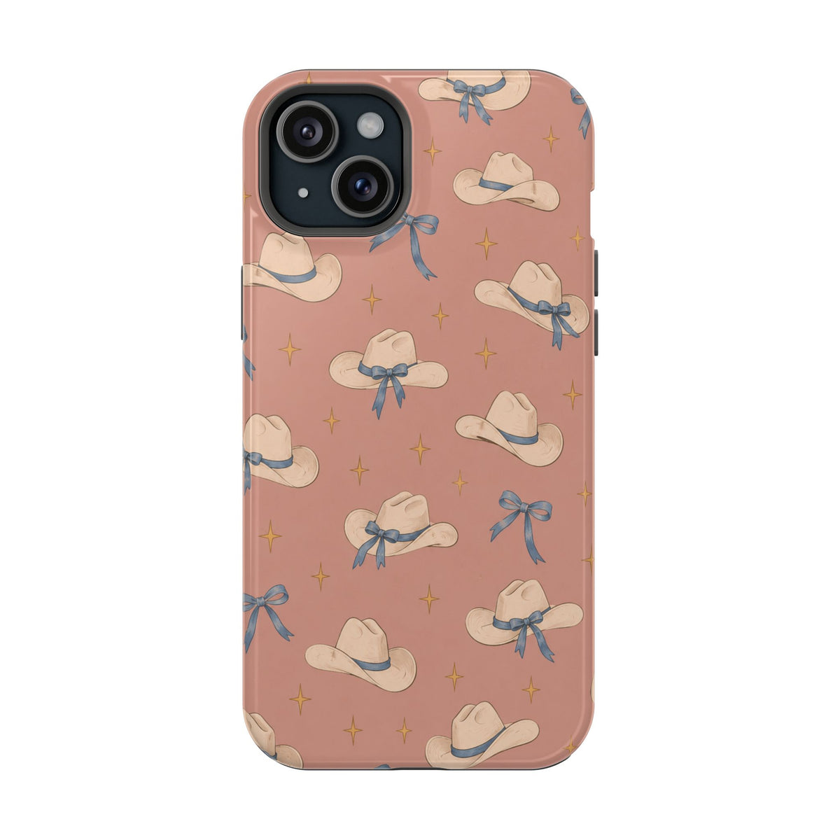 Ribbon Rodeo – Cowgirl Hat and Bow MagSafe Phone Case, Pink, glossy iPhone 15 Plus, rear view