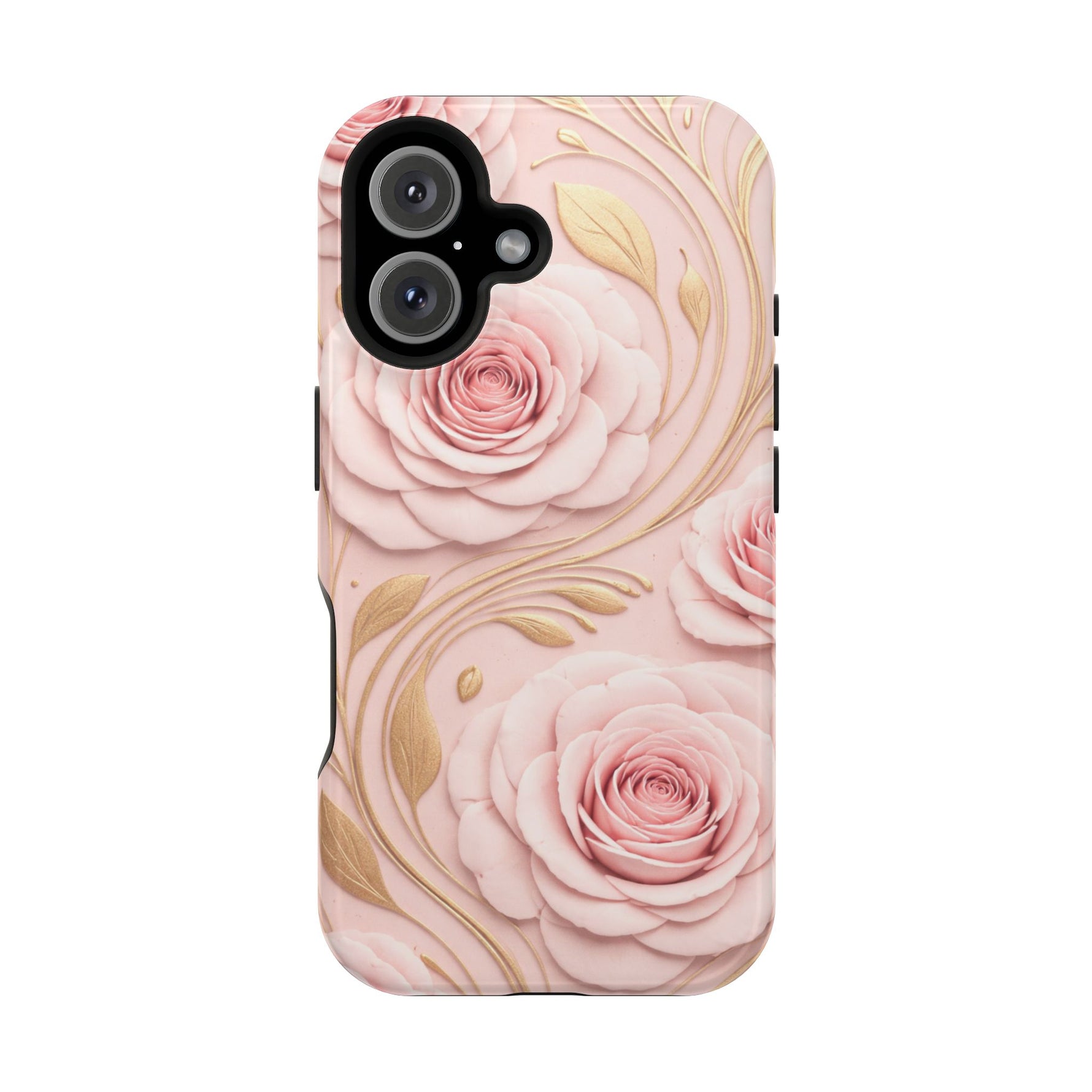 Floral Pink Rose MagSafe iPhone Case, Gold Leaf Magnetic Impact-Resistant