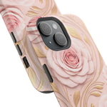 Floral Pink Rose MagSafe iPhone Case, Gold Leaf Magnetic Impact-Resistant