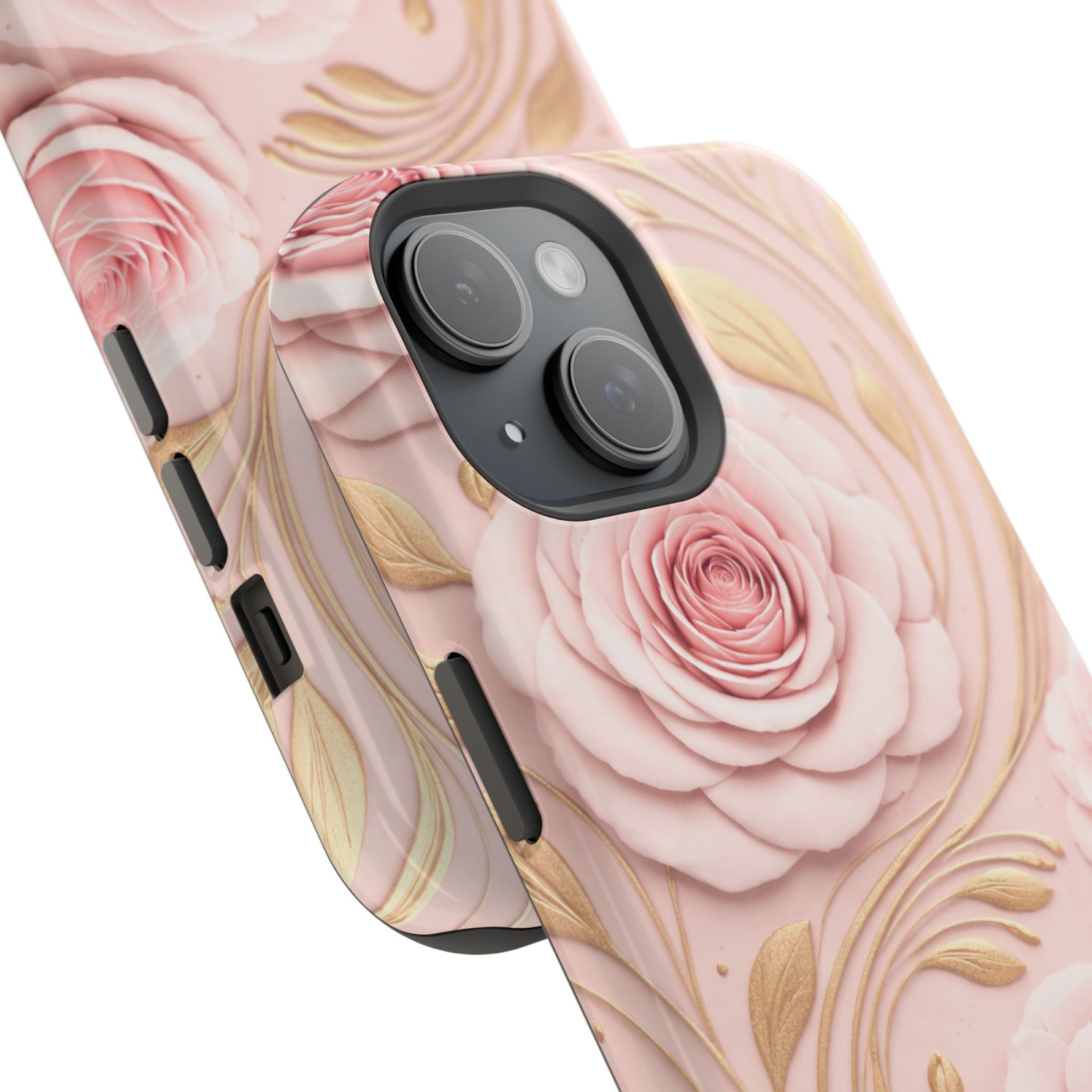 Floral Pink Rose MagSafe iPhone Case, Gold Leaf Magnetic Impact-Resistant