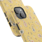 Honey Paisley MagSafe Phone Case, glossy diagonal dual-camera model, camera and side-button close-up