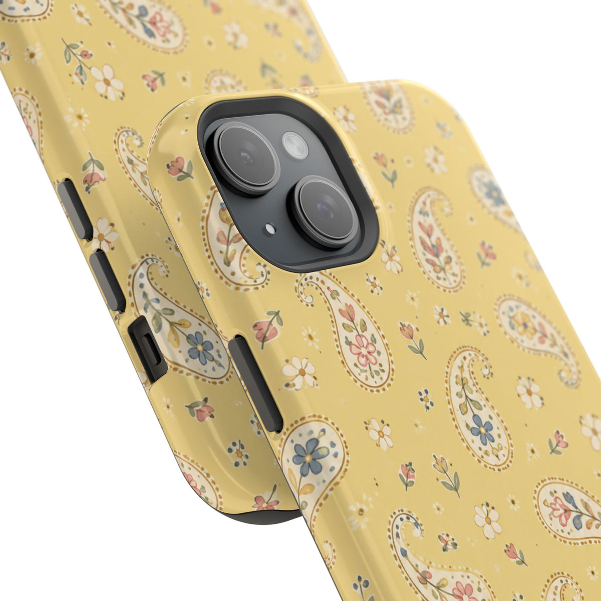 Honey Paisley MagSafe Phone Case, glossy diagonal dual-camera model, camera and side-button close-up