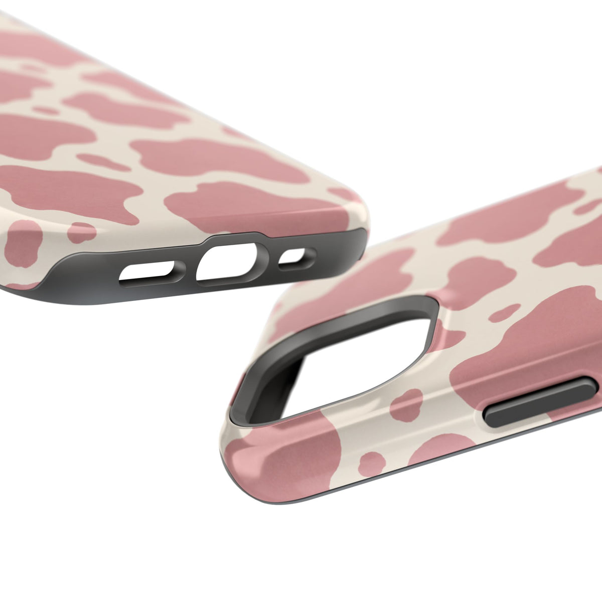 Rose Cowprint – Pink Cow Print MagSafe Phone Case, glossy diagonal dual-camera model, port openings and edge details
