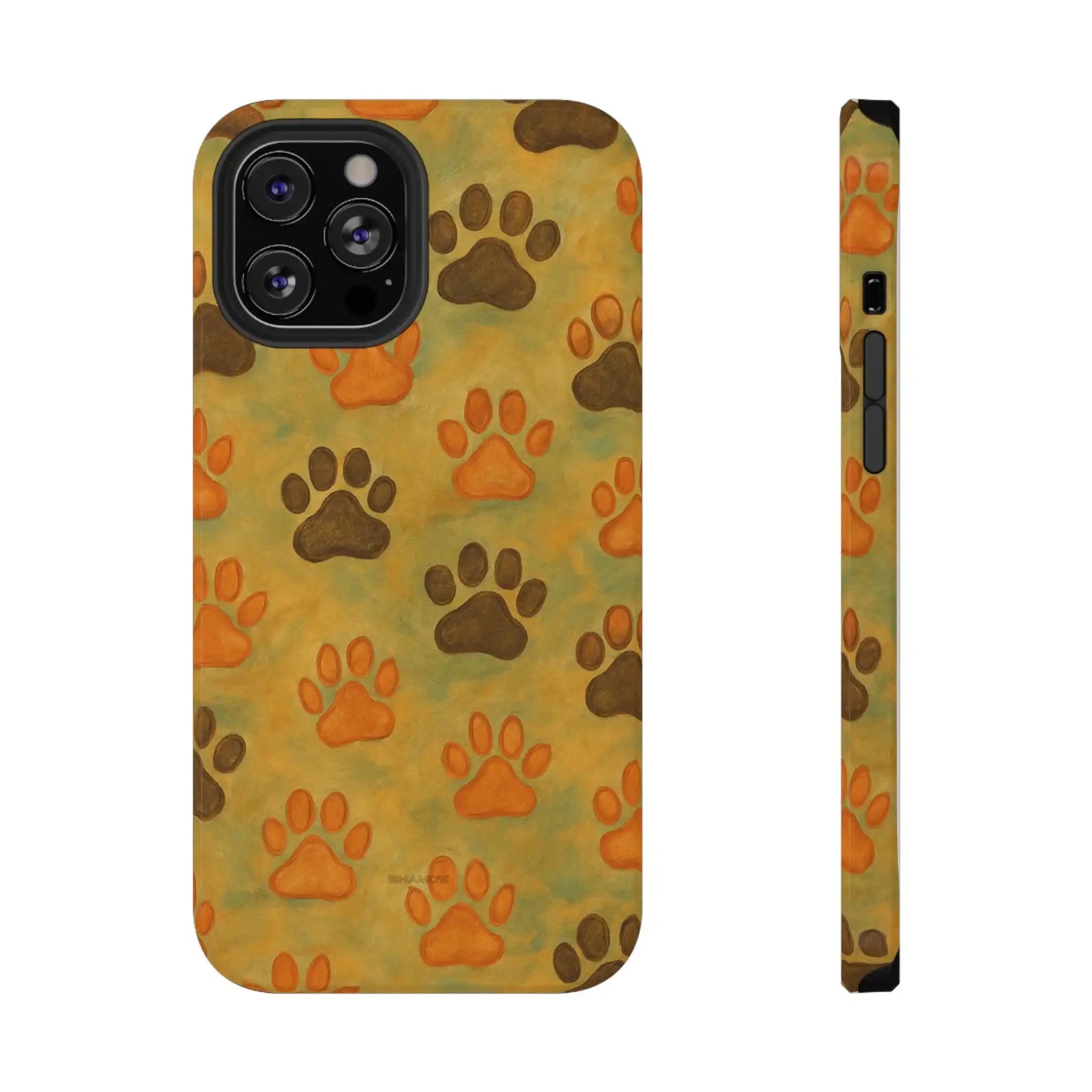 Phone case with orange and brown paw print pattern, shown in front and side views, slim size