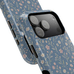 Denim Wildflowers MagSafe Phone Case, glossy wide-camera Pro model, camera and side-button close-up