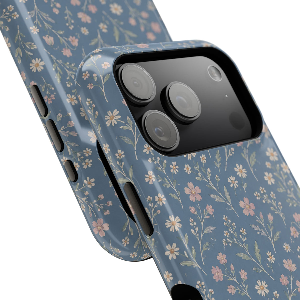 Denim Wildflowers MagSafe Phone Case, glossy wide-camera Pro model, camera and side-button close-up