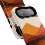 Two variant sizes of rugged phone cases with orange and brown abstract mountain design