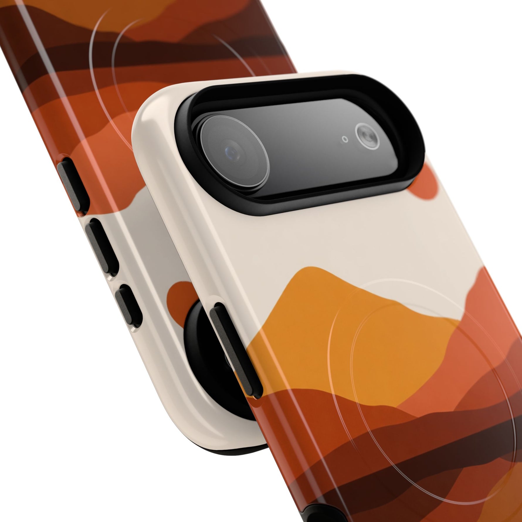 Two variant sizes of rugged phone cases with orange and brown abstract mountain design