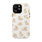 White phone case with small, light brown bunny pattern, showing size variant on smartphone camera area