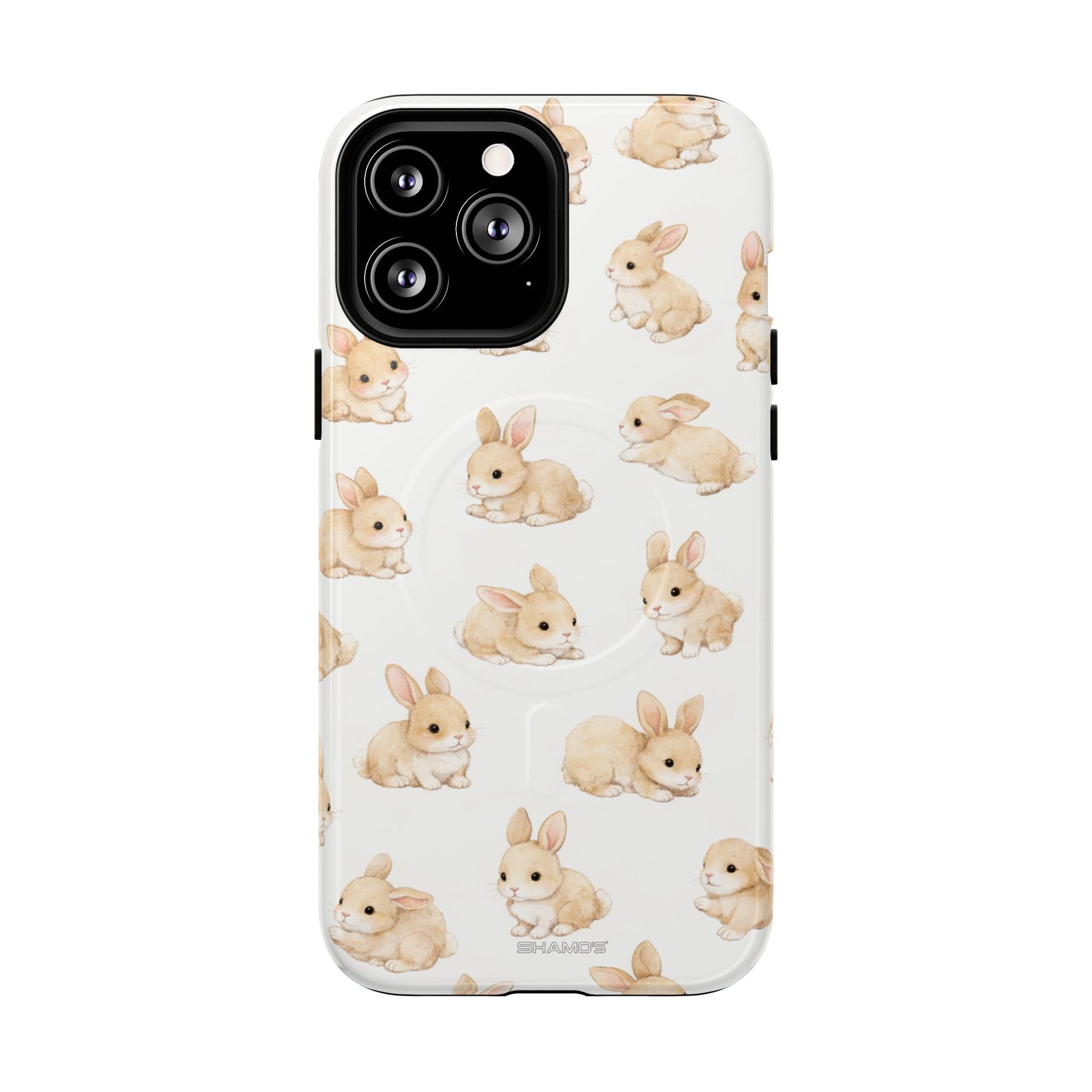 White phone case with small, light brown bunny pattern, showing size variant on smartphone camera area
