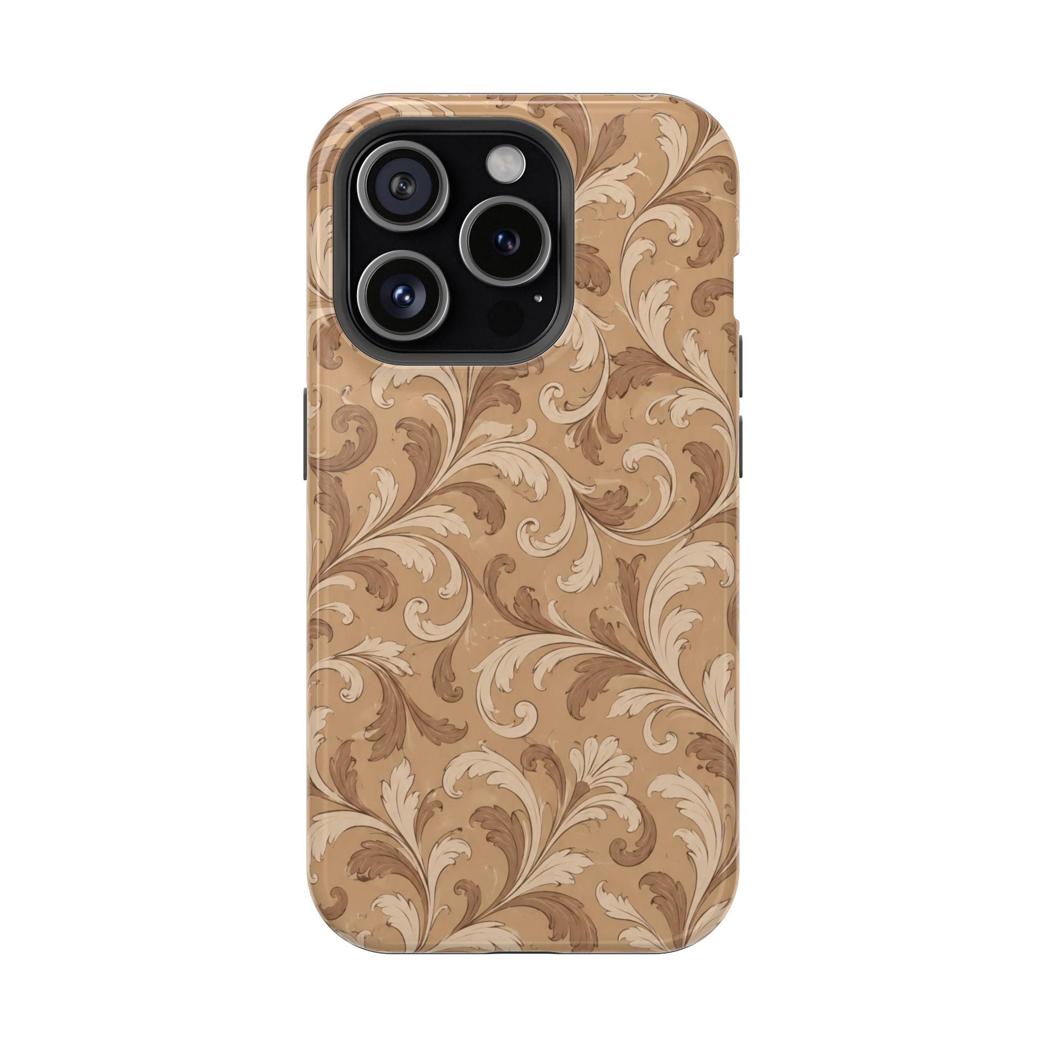 Saddle Scrolls – Tan Western Scrollwork MagSafe Phone Case, glossy iPhone 15 Pro, rear view