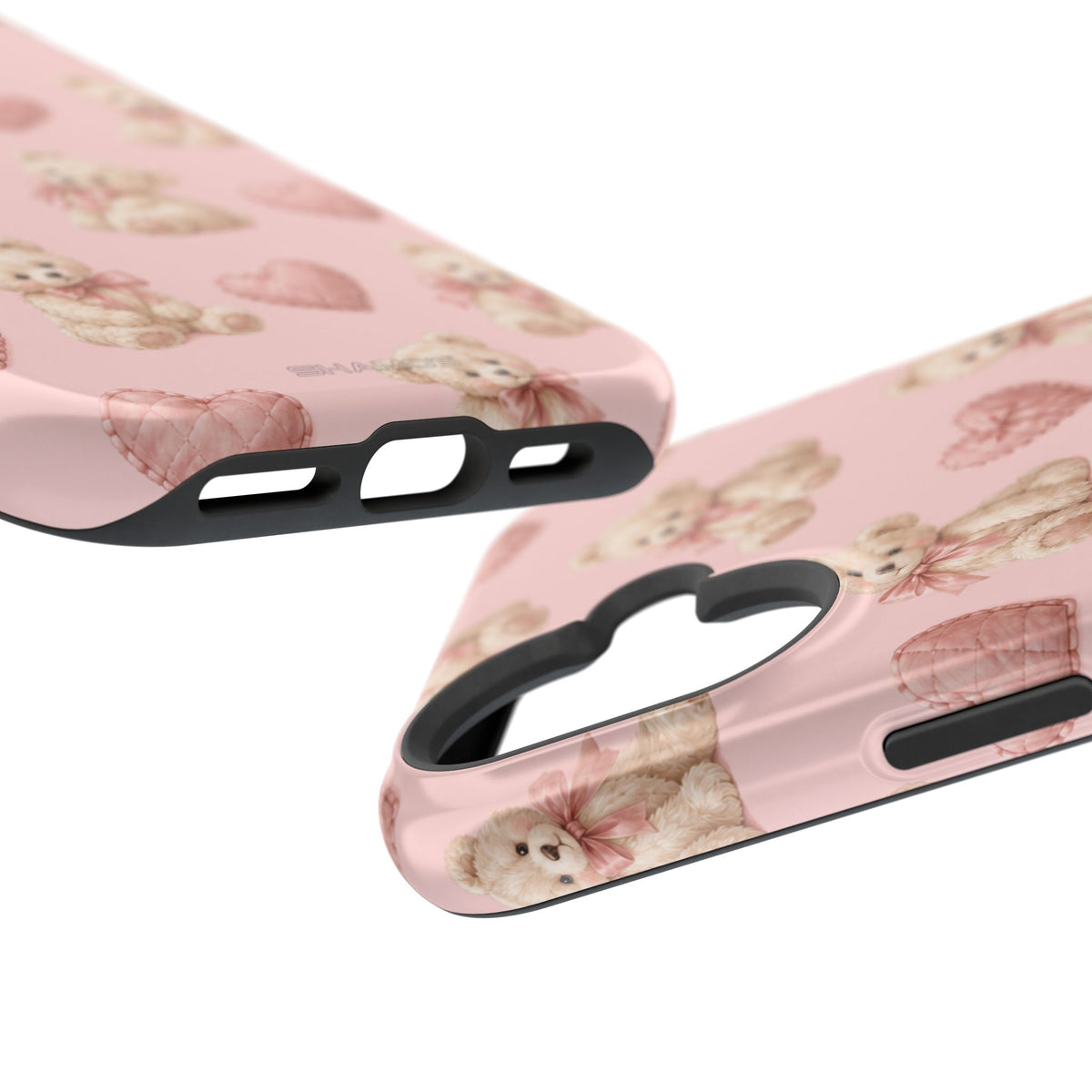 Pink Teddy Hearts Love iPhone Case, Impact-Resistant MagSafe Compatible
