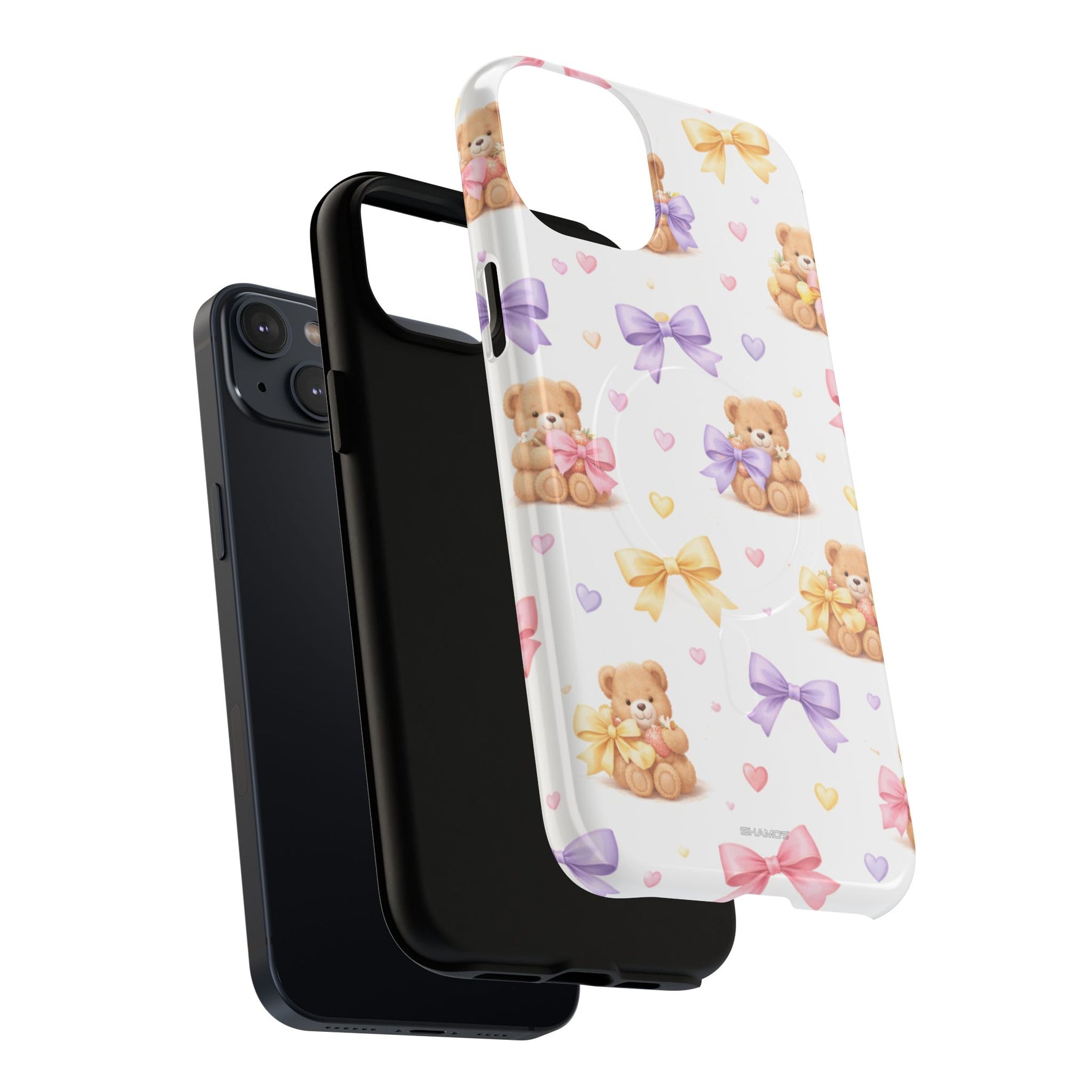 Black smartphone with two protective cases, one solid black and one white with teddy bear and colorful bow pattern, showing variant sizes