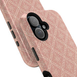 Meadow Lace – Blush Pink Lace Pattern MagSafe Phone Case, glossy vertical dual-camera model, camera and side-button close-up