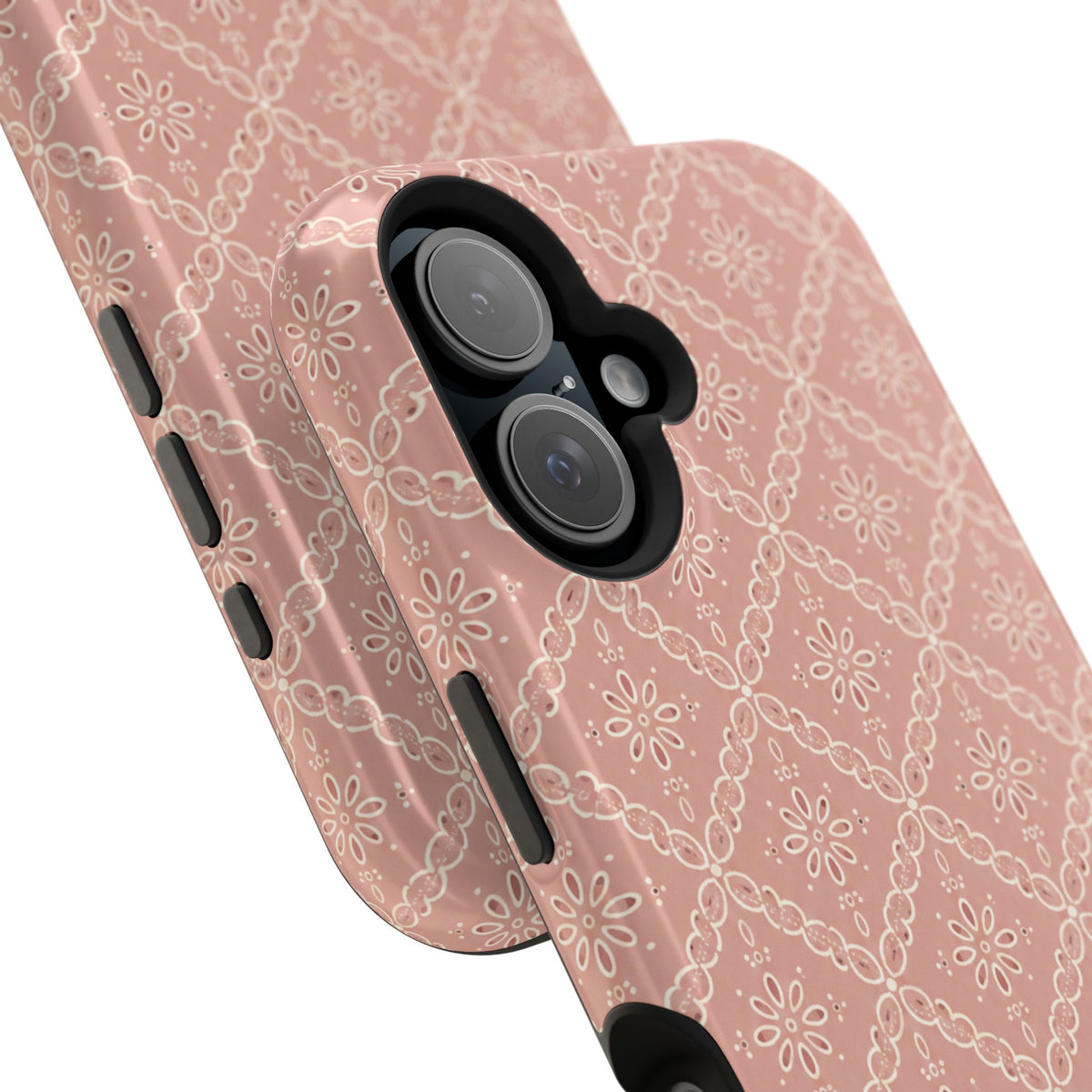 Meadow Lace – Blush Pink Lace Pattern MagSafe Phone Case, glossy vertical dual-camera model, camera and side-button close-up