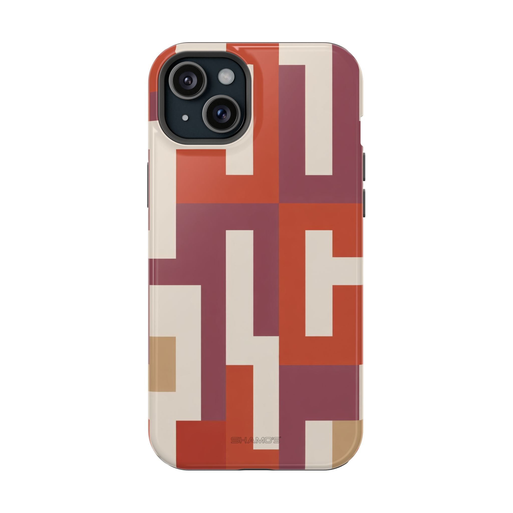 Phone case with interlocking rectangular shapes in rust red, burgundy, and cream