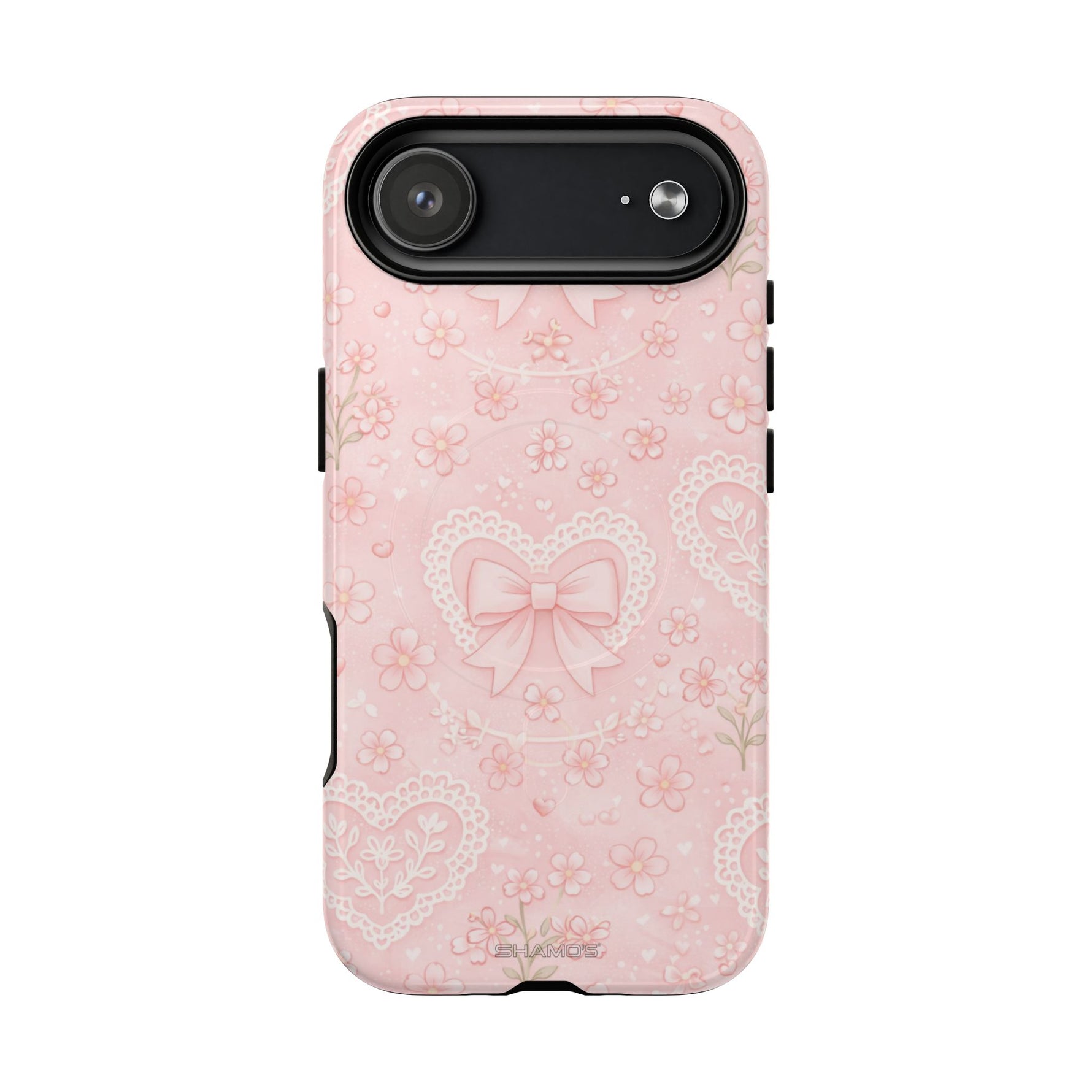 Balletcore Pink Floral Lace iPhone Case with Bow | Works with MagSafe - iPhone 17 Air / Glossy - Shamo's