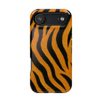 Close-up of tiger print phone case in variant size for smartphone camera