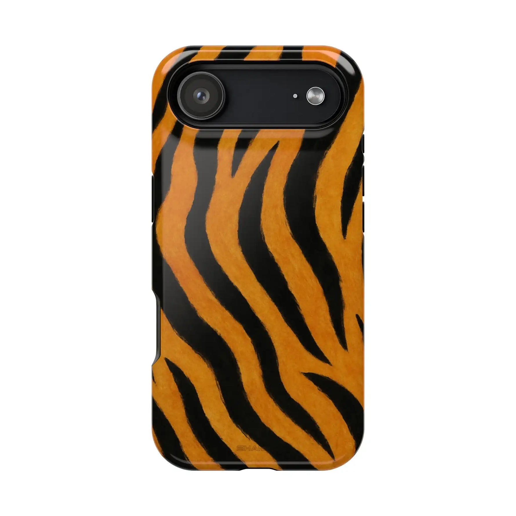 Close-up of tiger print phone case in variant size for smartphone camera