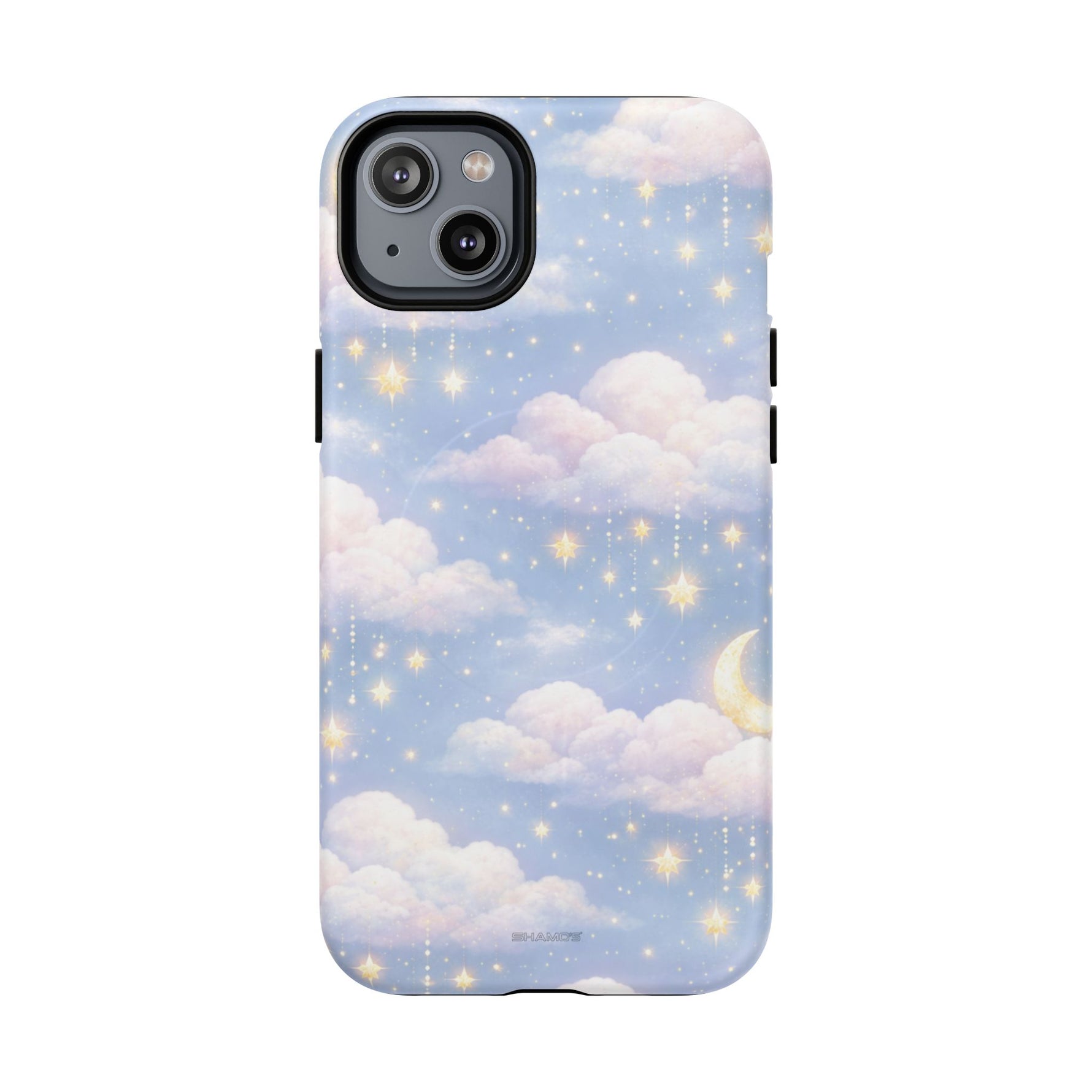 iPhone case with dreamy cloud, crescent moon, and hanging star design in pastel blue, medium size
