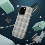 Ranch Check – Blue and Cream Plaid MagSafe Phone Case, glossy square triple-camera Pro model, rear view with magnetic accessories