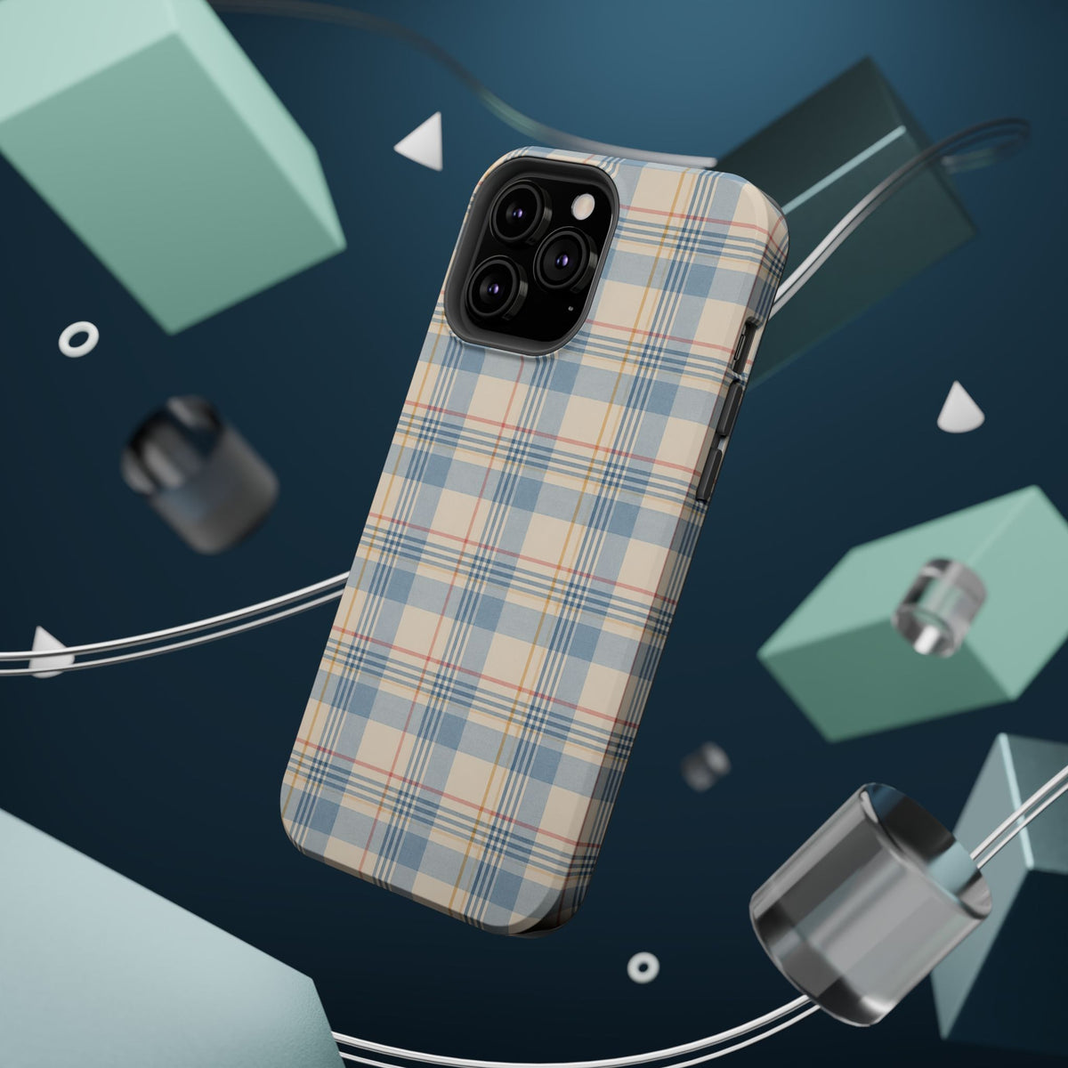 Ranch Check – Blue and Cream Plaid MagSafe Phone Case, glossy square triple-camera Pro model, rear view with magnetic accessories