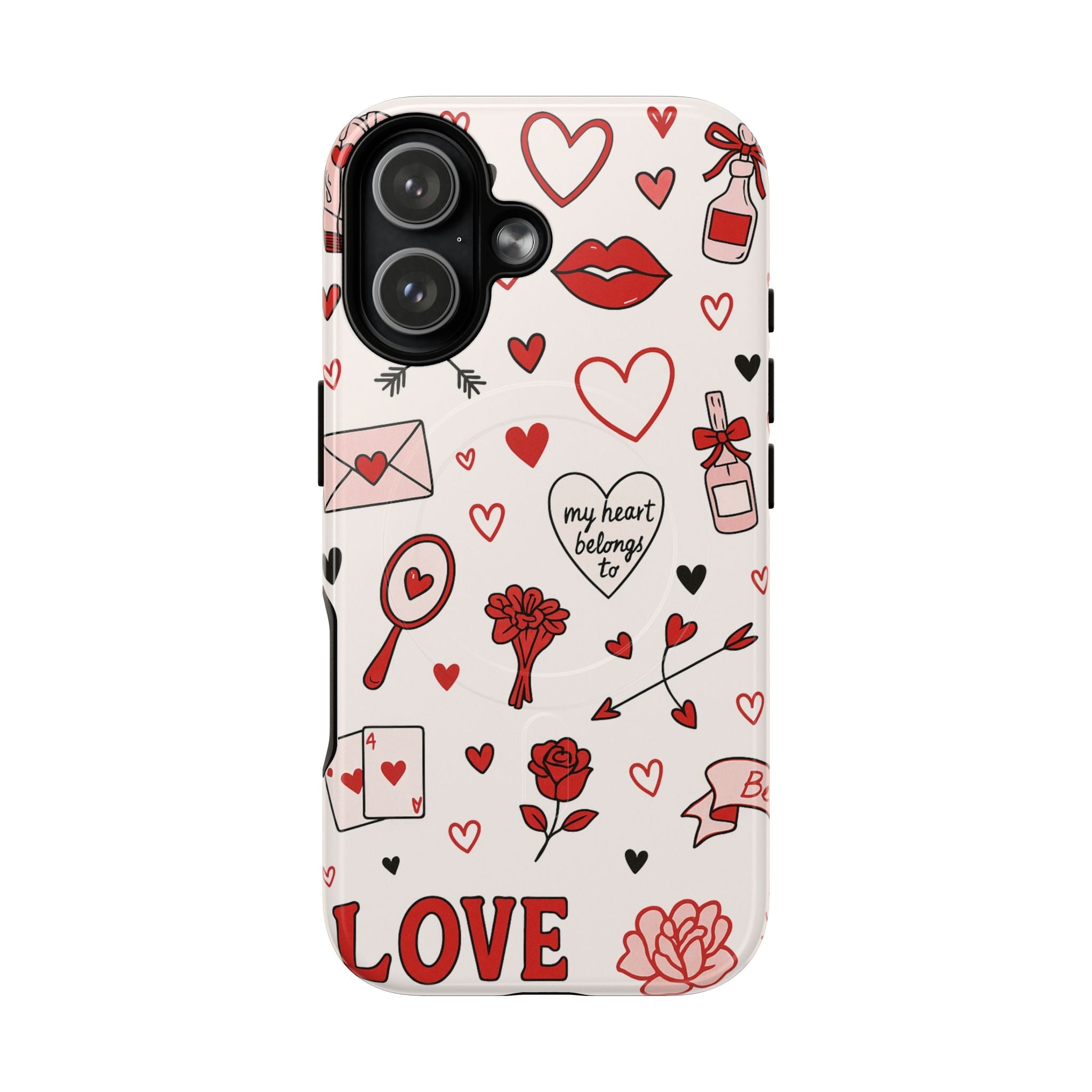 Romantic Love Doodle Tough iPhone Case ("LOVE", hearts, roses) (MagSafe compatible)  Shamo's iPhone 17 Pro Max / Glossy